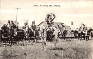 Native American  INDIAN CHIEF JOE HEALY & BRAVES On HORSES  1907 B&W Postcard