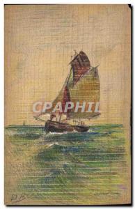 Old Postcard Boat (drawing hand) wooden board