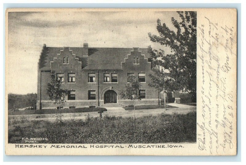 1907 Hershey Memorial Hospital Muscatine Iowa IA, F.A Neidig Antique Postcard 