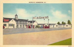 Summerton South Carolina 1940s Linen Postcard Godwin's Grill Esso Gas Station