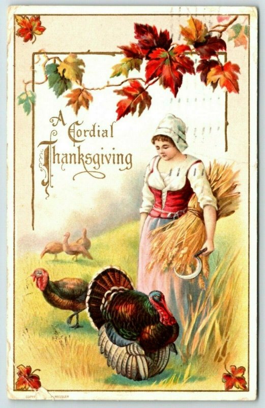 1911 Postcard Thanksgiving Turkey girl Picking Wheat Fall Leaves Embossed 02