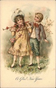 New Year Little Boy and Girl Victorian Fashion c1910 Vintage Postcard