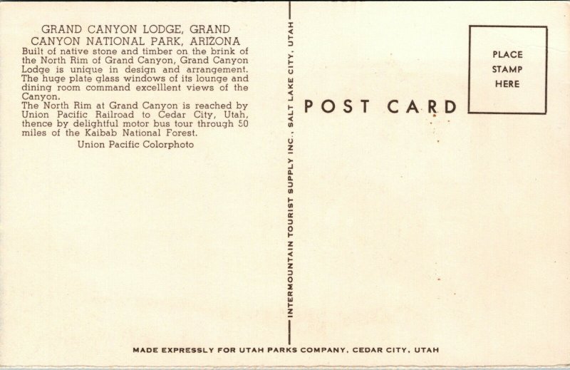 Vtg Grand Canyon Lodge Grand Canyon National Park Arizona AZ Unused Postcard