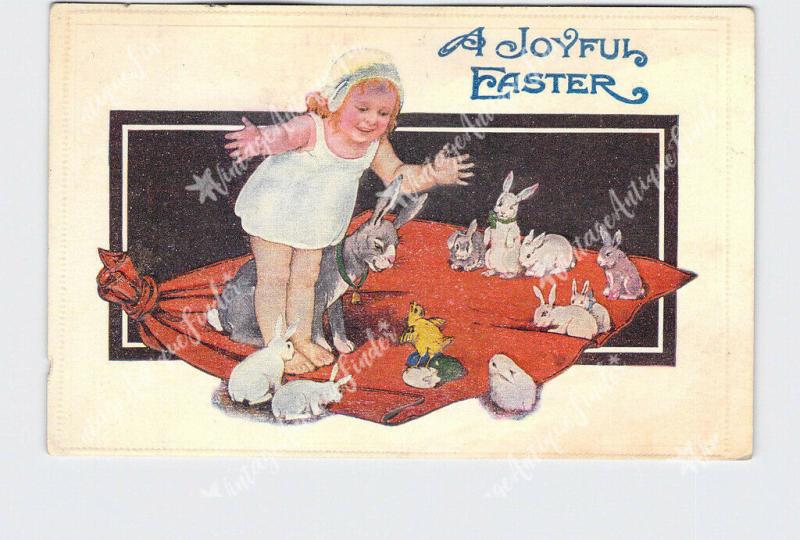 PPC POSTCARD JOYFUL EASTER GIRL WITH BUNNY RABBITS NEW HATCHED CHICK EMBOSSED 