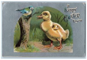 c1910's Happy Easter Big Chick And Bird Embossed Posted Antique Postcard