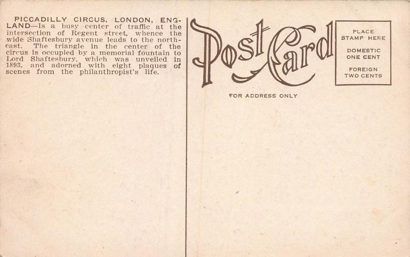 Piccadilly Circus, London, England, Early Postcard, Unused