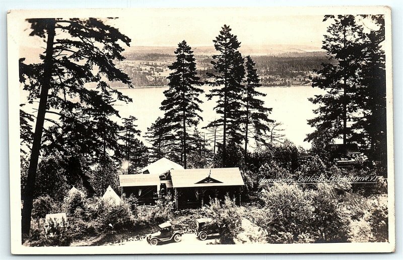 VTG Postcard Real Photo RPPC Vancouver Island Lake View Canada Car Cabin A5