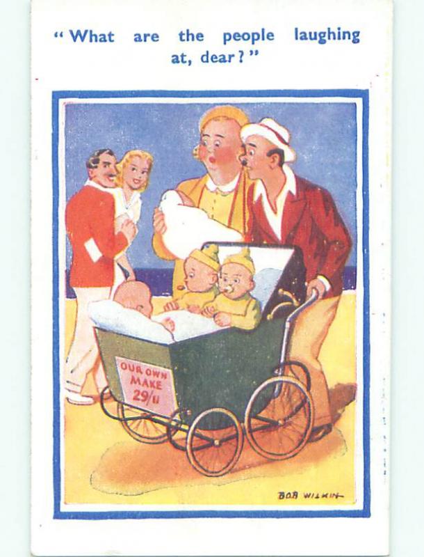 Unused Pre-Linen comic signed COUPLE WITH THREE BABIES IN CARRIAGE k3522