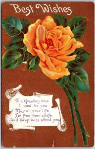 Best Wishes Orange Rose Large Print With Leaves Greetings Wishes Card Postcard