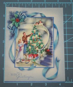 VINTAGE 1940s WWII ERA Christmas Greeting Holiday Card FAMILY DECORATING TREE