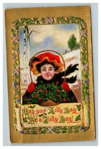 Vintage 1910 Christmas Postcard Cute Girl Red Bonnet Basket of Mistletoe