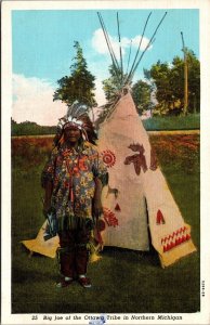 Linen Postcard Indian Big Joe of the Ottawa Tribe in Northern Michigan