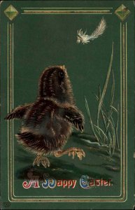 EAS Easter Chick Sees Feather Gilt Inlay Embossed c1910 Vintage Postcard