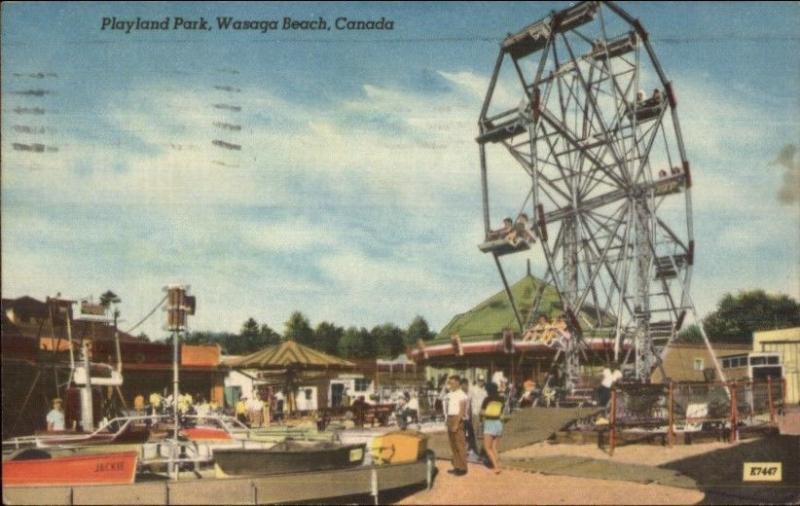 Wasaga Beach Ontario ON Playland Park Ferry Wheel Linen Postcard