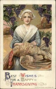 Winsch Schmucker Thanksgiving - Beautiful Woman Plucking Turkey Postcard LS19