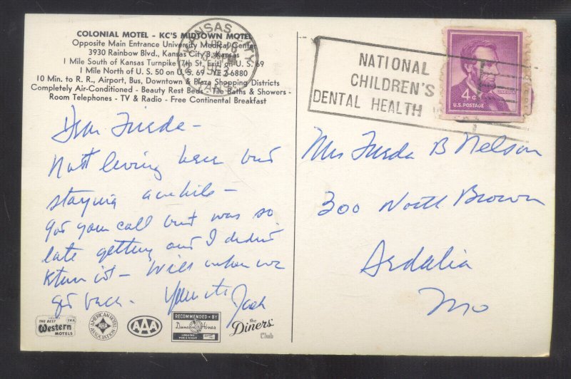 KANSAS CITY MISSOURI COLONIAL MOTEL CARS CITY MAP VINTAGE ADVERTISING POSTCARD