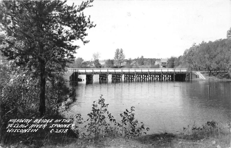 Spooner Wisconsin~Highway Bridge on Yellow River~Houses Along Shore~1947 RPPC