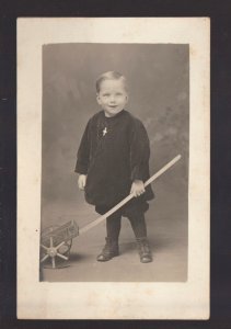 rppc c1910 STUDIO SHOT PROP Little Boy TOY WAGON Pull Push Toy CUTE!