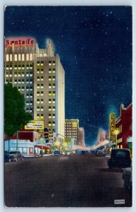 1960 Amarillo Texas Postcard Night View Polk Street Main Throughfare Building