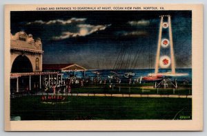 Norfolk Virginia Casino Boardwalk Entrance by Night Ocean View Park Postcard C22