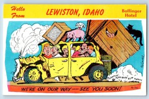 Lewiston Idaho Postcard Bollinger Hotel Humor Car Exterior c1960 Vintage Antique