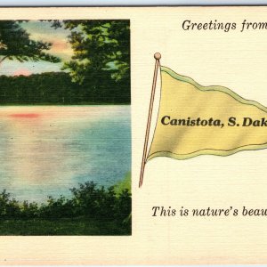 c1930s Canistota, S. Dak. Greetings Natural Beauty Linen Postcard Pennant A69