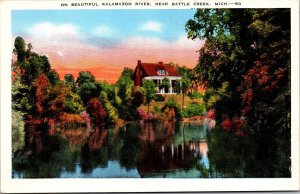 Vtg Battle Creek Michigan MI Beautiful Kalamazoo River 1930s Linen View Postcard