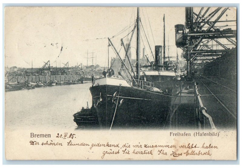 1905 Ship at Pier Freihafen (Hafenbild) Bremen Germany Posted Antique Postcard