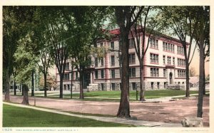 Vintage Postcard High School Campus Building and Glen Street Glen Falls New York