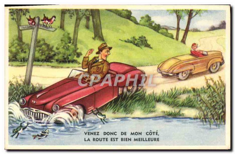 Postcard Old Humor Come to my side Automotive Frog