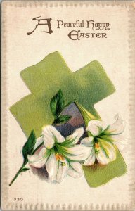 Vintage Happy Easter Lilies Floral Flowers Cross Greetings Embossed Postcard