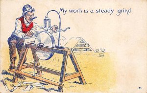 Man Sharpening his Saw Blade Cartoon Occupation, Carpenter Writing on Back 