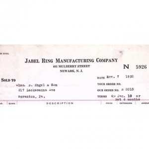 1932 NEWARK NEW JERSEY JABEL RING MANUFACTURING COMPANY BILLHEAD INVOICE Z154