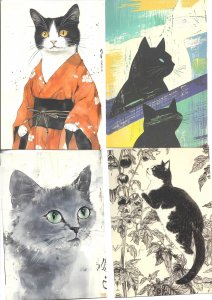 Japanese cats. Ukijo-Estyle Lot of 4 modern artist drawn PC. 10x15 cms. Made i