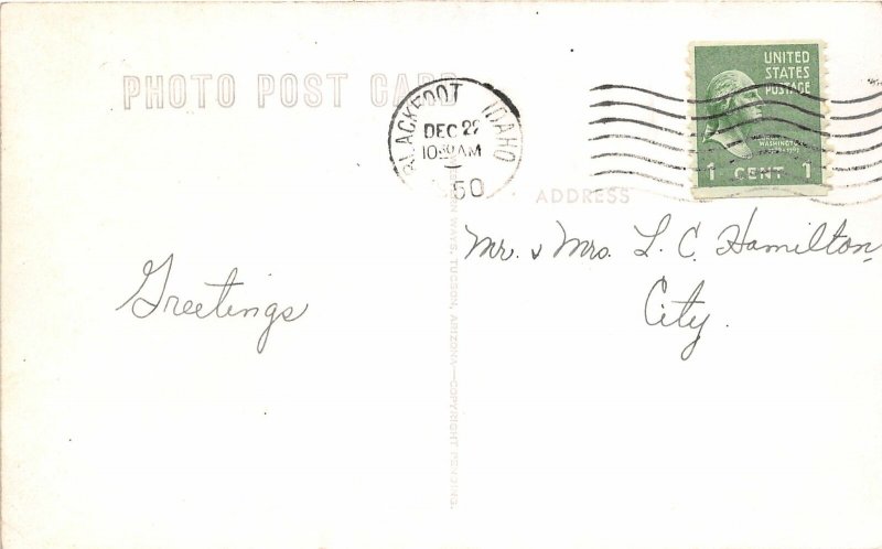 H28/ Blackfoot Idaho RPPC Postcard 1950 Merry Xmas Tony's Curio Store
