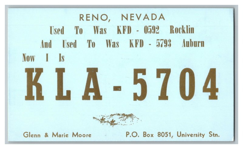 Postcard QSL Radio Card From Reno Nevada KLA-5704 