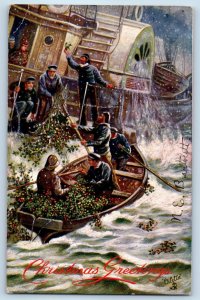 Christmas Greetings Boatmen Delivering Holly To A Paddle Steamer Tuck Postcard