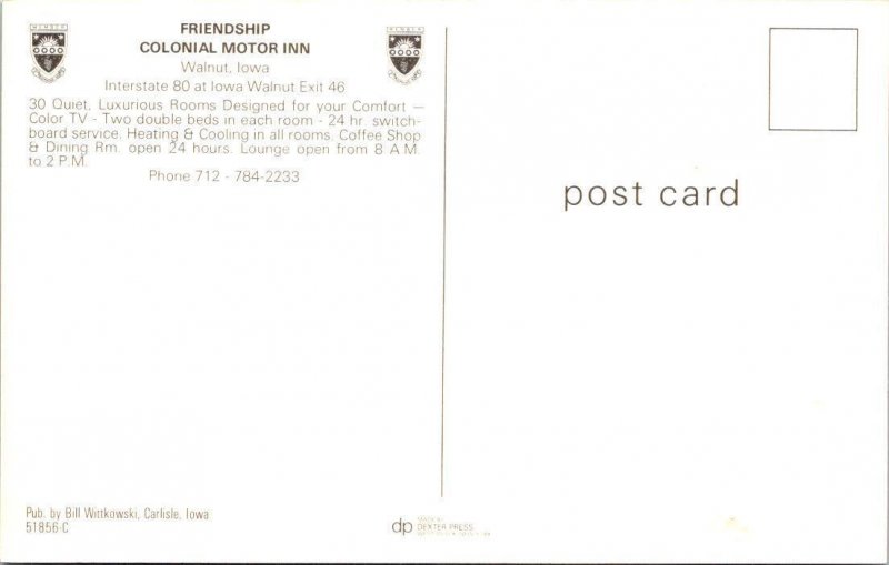 Walnut, IA Iowa  FRIENDSHIP COLONIAL MOTOR INN Motel~Cafe~Bar ROADSIDE Postcard