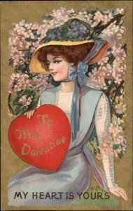 Valentine Beautiful woman with Flowers and Heart Embossed c1910 Postcard