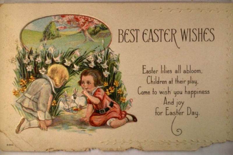 pre-1920 GIRLS FIND HIDING BUNNY RABBITS - Easter postcard y4288