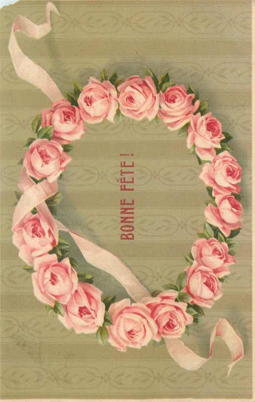 Postcard Holidays greetings card bonne fete circular flower ring