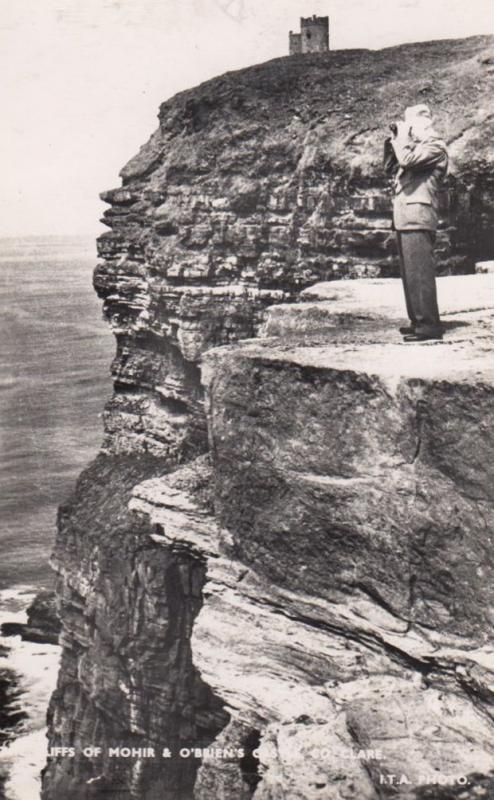 Man With Binoculars On Mohir Cliffs O'Briens Castle Scottish Real Photo Postcard