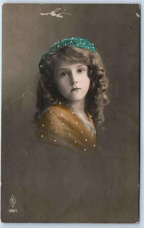 c1900s Cute Somber Young Girl RPPC Belgium Hand Colored PFB Real Photo PC A136