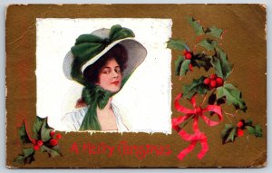 Archie Gunn~Merry Christmas~Portrait Of Lady W/ Holly~Postmarked~Emb~Vintage PC