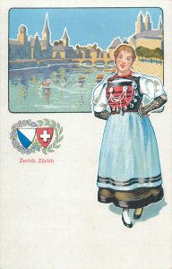 Swiss national folk costume & panorama Zurich Switzerland vintage postcard