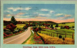 Scenic View Greetings from Red Oak IA Linen c1952 Vintage Postcard C29