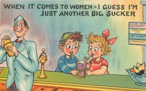 Postcard 1940s Ice cream soda fountain children fox comic humor 23-12343