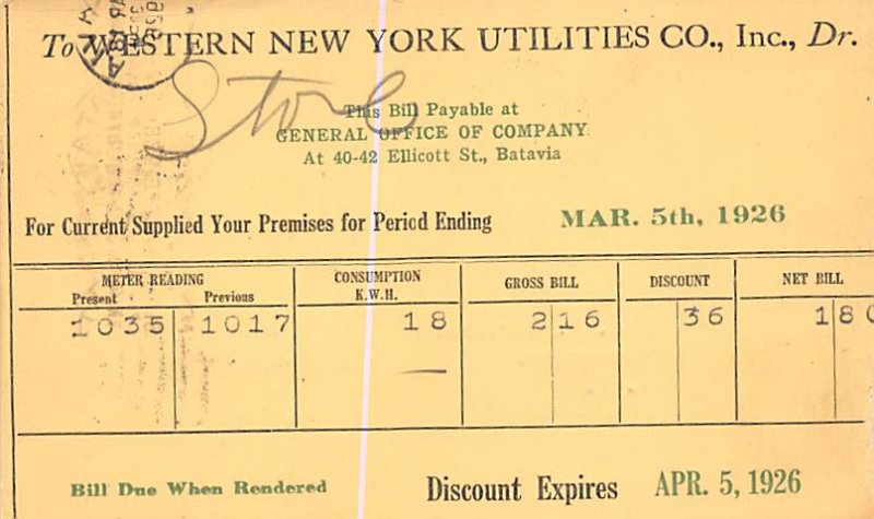 Western New York Utilities Co Batavia, NY, USA Advertising 1926 postal markin...