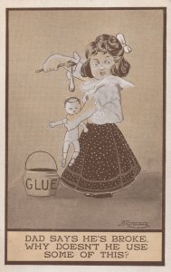 Child Mending Broken Toy Doll With Glue Repair Old Postcard