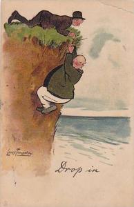 AS: Bald, heavy man hanging over a cliff holding on to grass